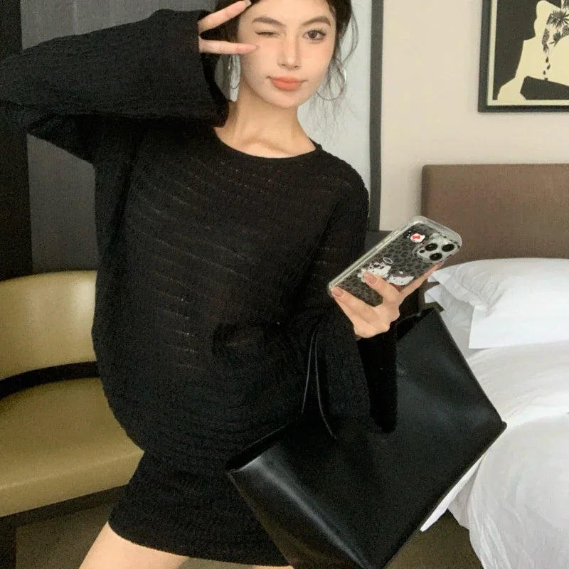 Autumn New Oneck Color All Match Hollow Flare Sleeve Sweater + High Waist Knitted Skirt Twopiece Suit