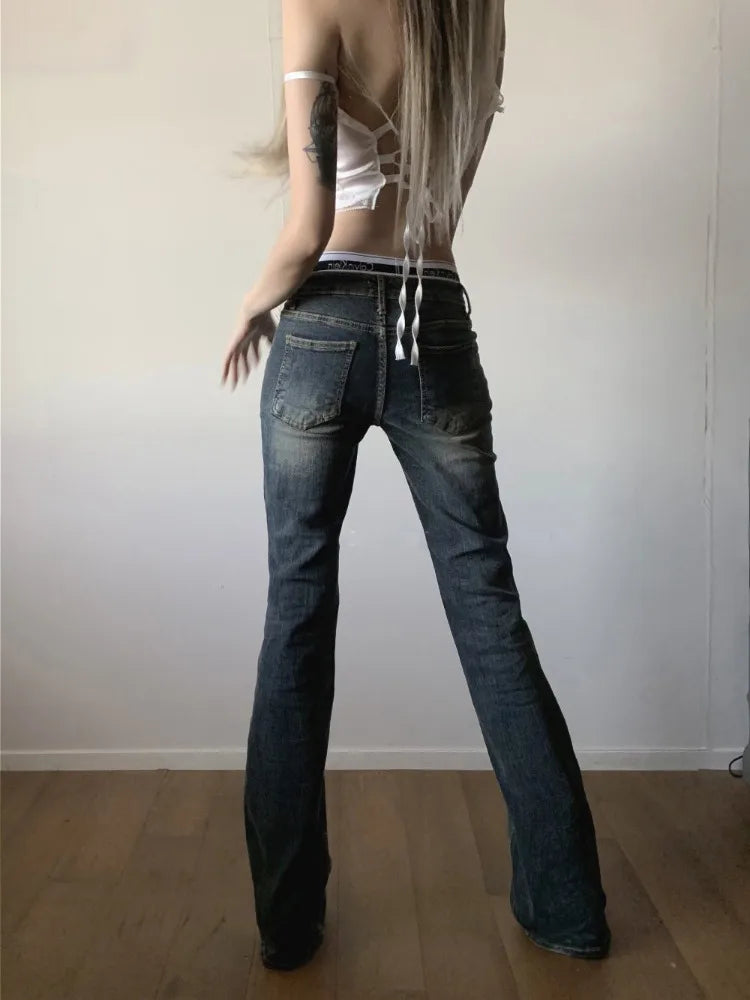 Y2k Coquette Low Rise Flared Jeans American Retro Grunge Popular Denim Pants 2000s 90s