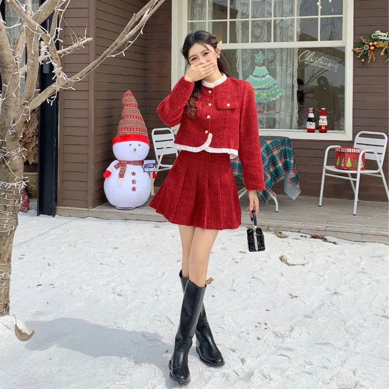 Sweet Hot Girl Christmas Suit Autumn Oneck Longsleeved Coat High Waisted Aline Skirt Twopiece Set Female Clothes