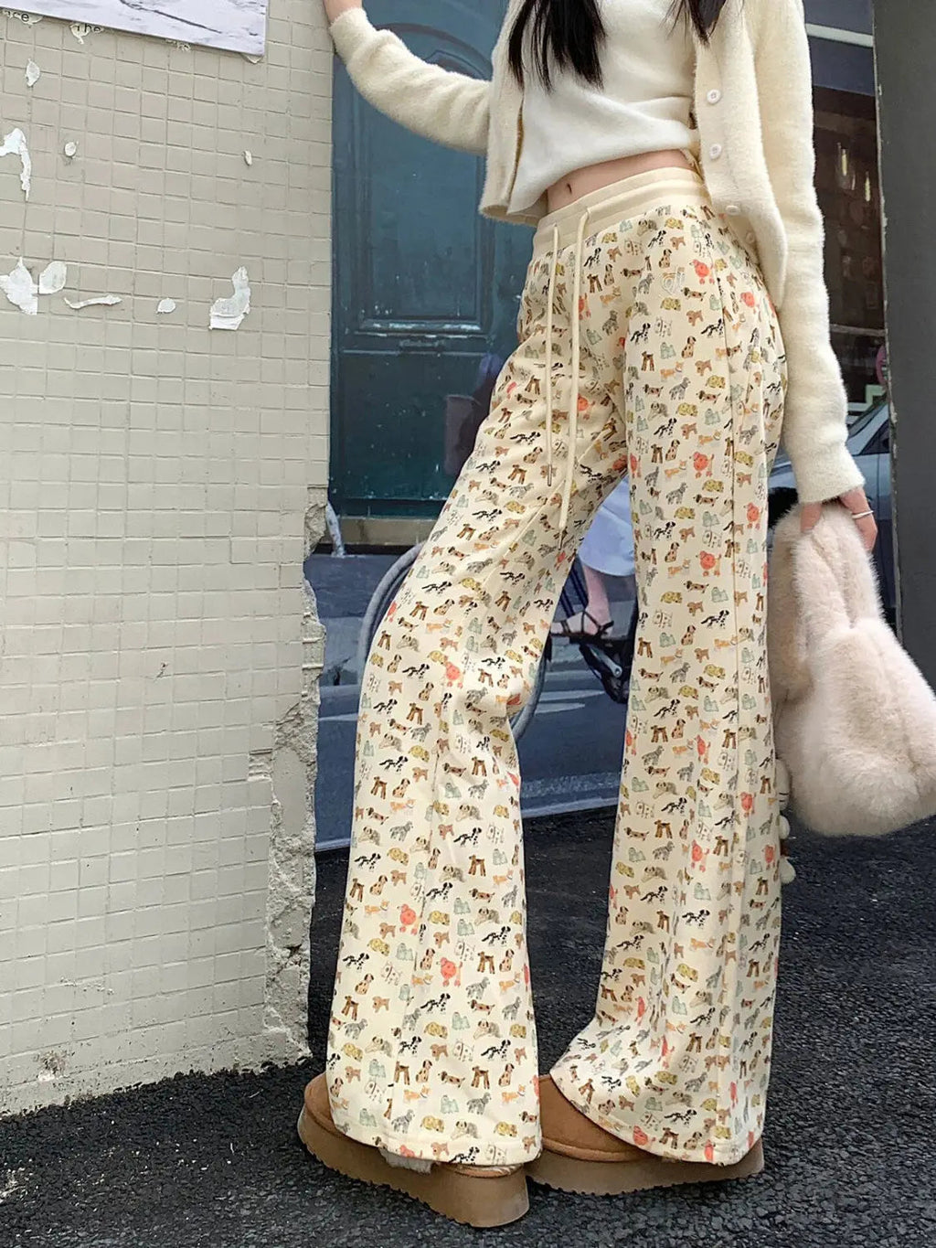 Puppy Print Sweat Y2k Pants Female Autumn Winter Plus Fleece High Waisted Slim Rope Flared Straight Leg Pants