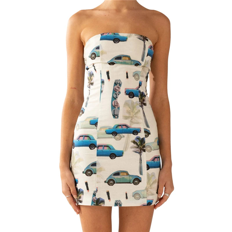 Aesthetic Dress Y2k Print Off Shoulder Strapless Sleeveless Mini Dress Going Out Party Dresses Clubwear