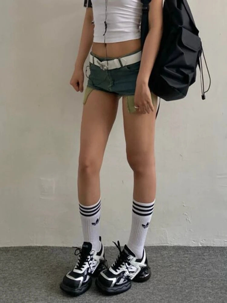 Woman Tiedyed Jean Low Waist Shorts Tight Bodycon Denim Button Shorts Patchwork Hot Pockets Pants Gyaru
