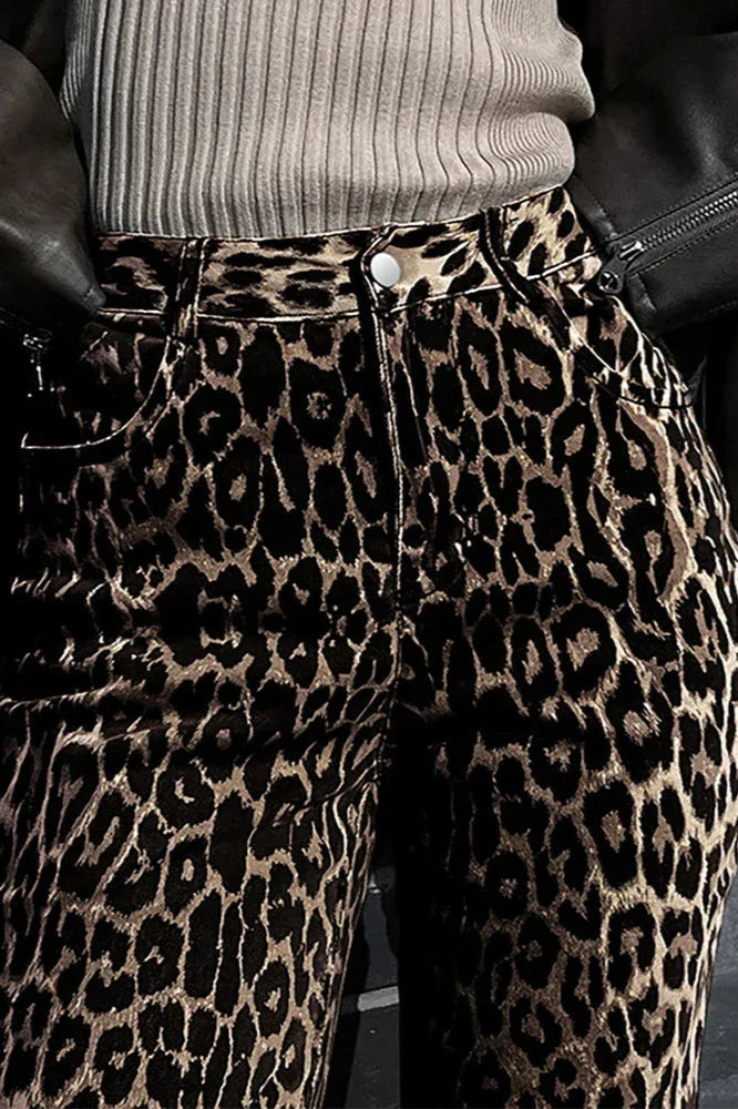 Button Multi Pockets Leopard Print Pants
