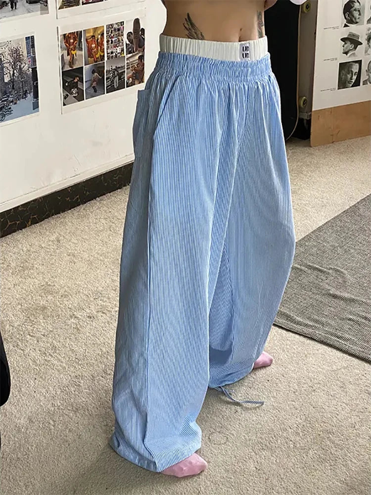 Summer Striped Pants Wide Leg Pants Harajuku Patchwork Fake Two Pieces Trousers Korean