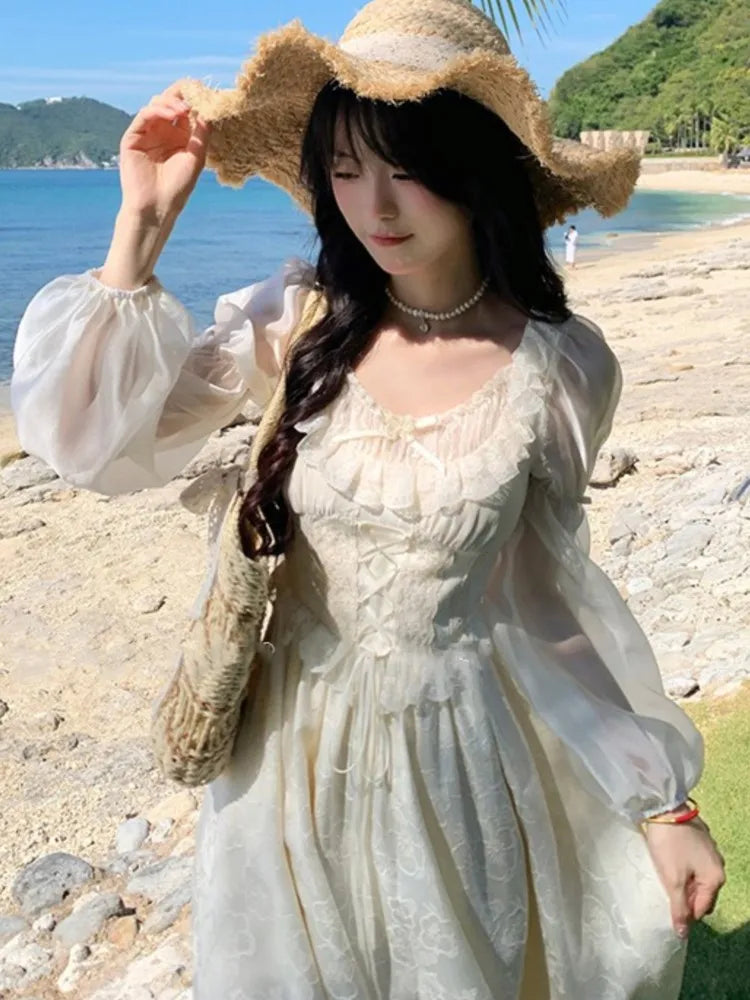 Puff Sleeves Lace Up Midi Dress Summer Medieval Retro Evening Party Prom Onepiece Clothing