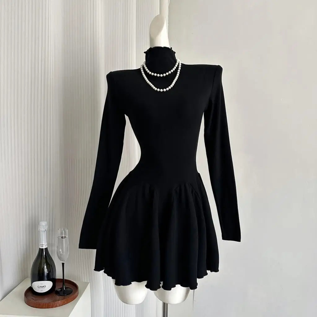 Autumn New Mini Dresses Turtleneck Long Sleeve Ruffles A-line Korean Female Clothing Vestidos Mujer