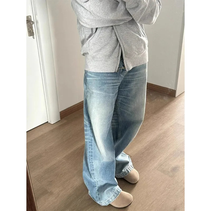 Straight Blue Jeans Woman Baggy High Waist Basic Denim Pants Korean Y2k Wide Leg Trousers
