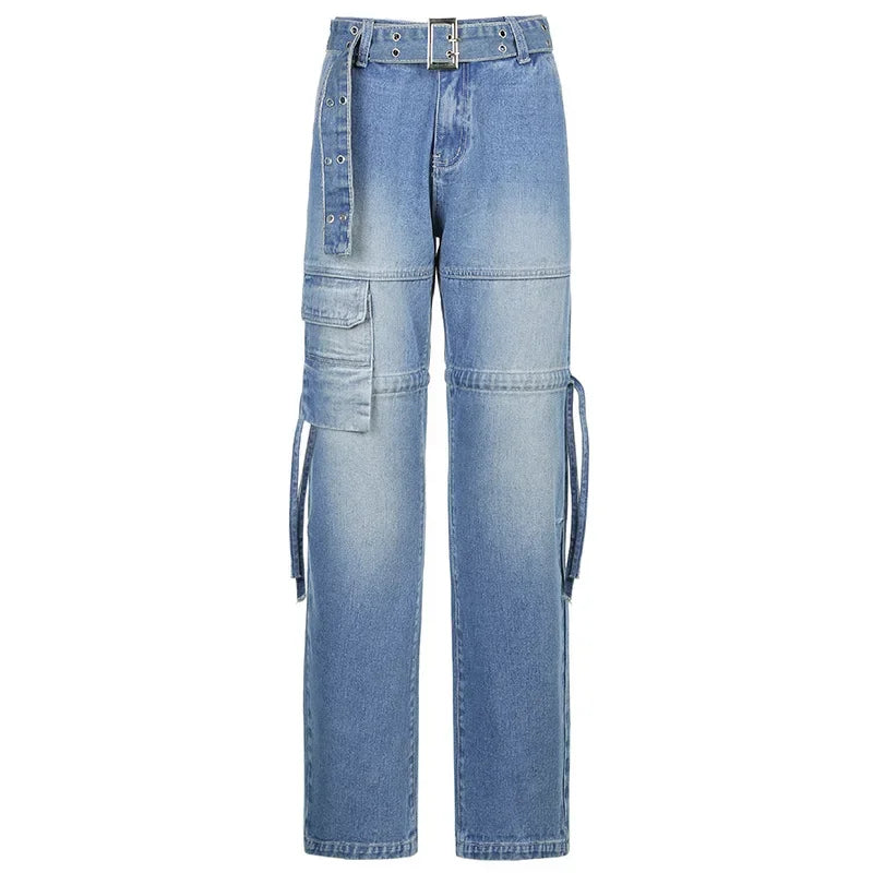 Y2k Street Retro Jeans Midiwaist Belt Drawstring Straight Pants Patchwork Style