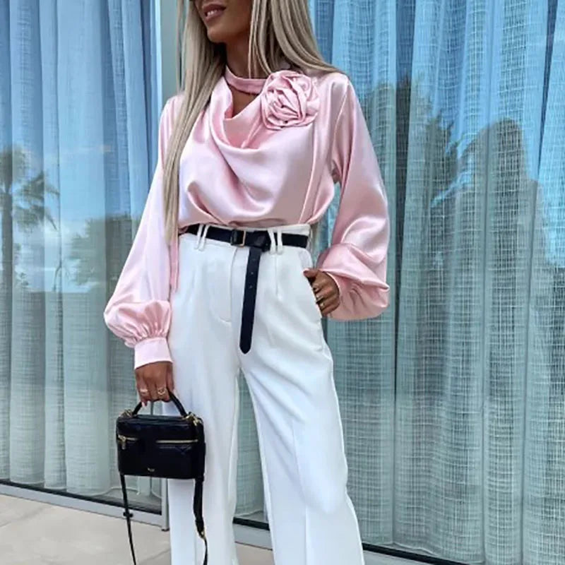 Commuter Lady Vneck Draped Blouses Spring Flower Design Satin Top Pullover Autumn Long Sleeve Button Shirts Mujer
