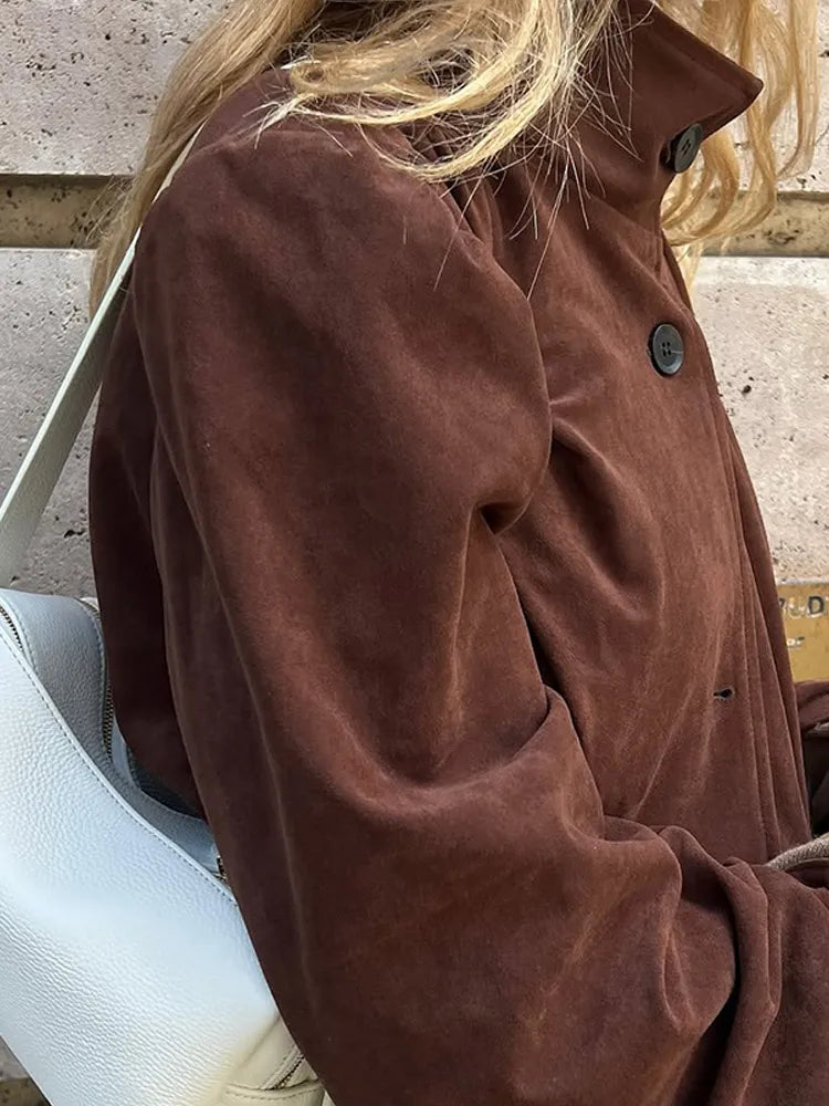 Retro Brown Suede Short Jacket Stand Collar Full Sleeves Single Breasteds Loose Coats Autumn Lady Street Wear