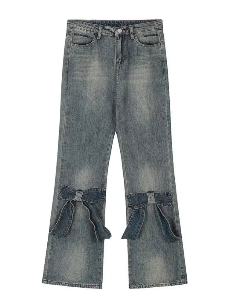 Blue Flared Jeans Kawaii Wide Leg Pants With Bow Korean Style Spring Cutecore High Wasit Denim Trousers