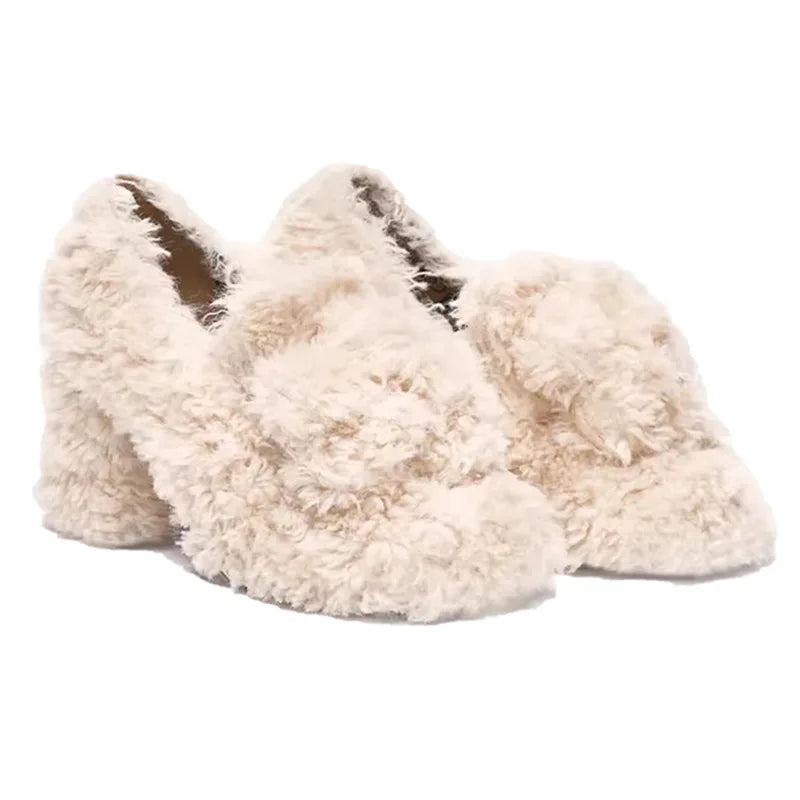 White Teddy Curly Fur Shoes High Heels Winter With Velvet Outer Wear Thick Heels Mary Jane Single Shoes