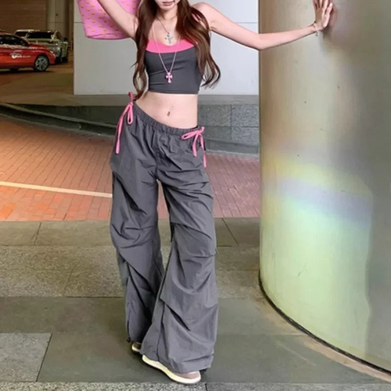 Summer New American Laceup Pleated Loose Wide Leg Pants + Backless Patchwork Camisole Twopiece Suit