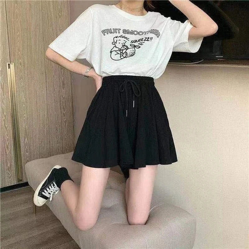5xl Summer Shorts Skirts Elastic High Waist Wide Leg Shorts Korean a Line Loose Mini Skirt Black Short Pants