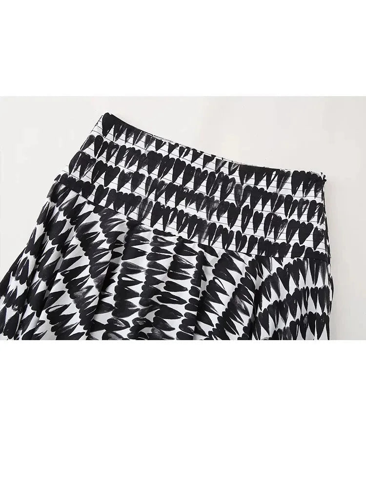 2 Piece Set Printed Bow Lace Up Cropped Camisole Sleeveless Tops High Waist Aline Pleated Skirts