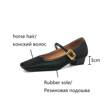 New Spring/autumn Pumps Square Toe Chunky Heel Shoes Horsehair Leopard Shoes for Concise High Heel Buckle Mary Janes