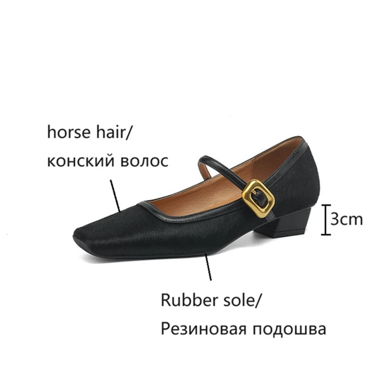 New Spring/autumn Pumps Square Toe Chunky Heel Shoes Horsehair Leopard Shoes for Concise High Heel Buckle Mary Janes