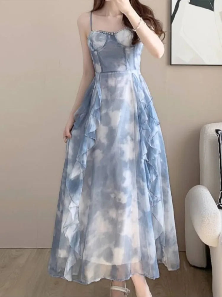 New Summer Long Dresses for Spaghetti Strap Korean Aline Ruffles Beach Style Party Dress One Piece Vestido Mujer