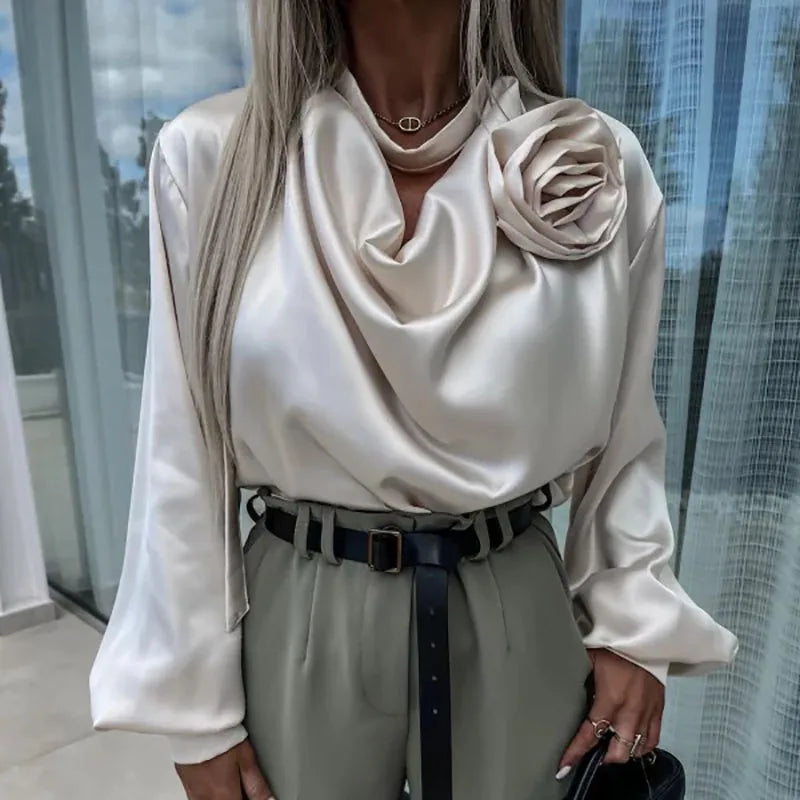 Commuter Lady Vneck Draped Blouses Spring Flower Design Satin Top Pullover Autumn Long Sleeve Button Shirts Mujer