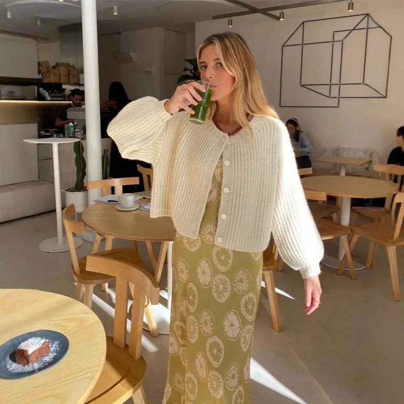 Color Simple Knitted Cardigan Loose Round Neck Single Breasted Sweater Retro Tops Short Sweaters