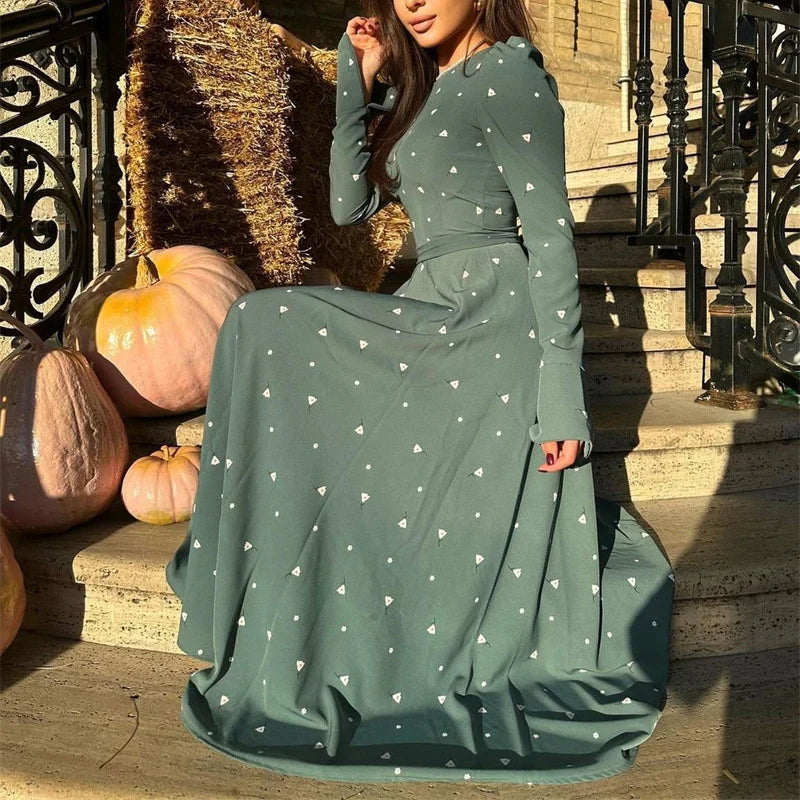 Spring Oneck Swing Maxi Dress Print Lace Up Bow Slim Long Dress Autumn Flare Long Sleeve Party Dress
