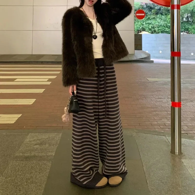 Laceup Loose Knitted Pants Spring New Korean High Waist Contrast Color Striped Wide Leg Pants