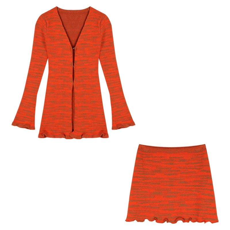 Y2k Orange Striped Suit Fungus Edge Longsleeved Knitted Cardigan Autumn Short Skirt 2piece Set