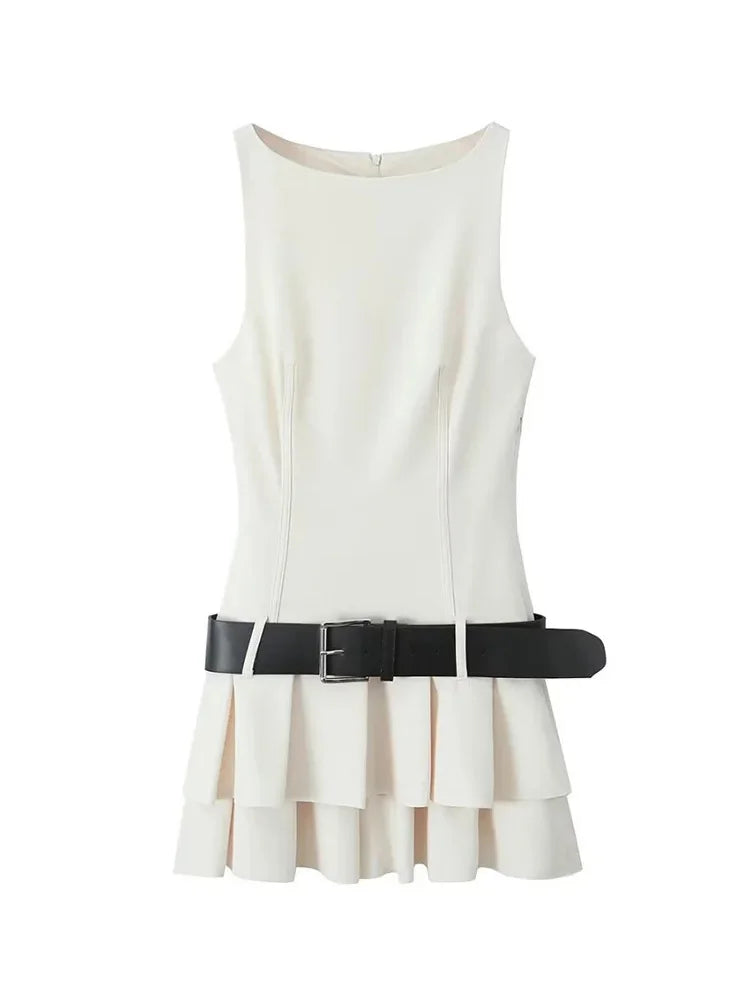 Woman Tank Dress High Waist Pleated Aline Dresses With Belt Sleeveless Slim Fit Mini Dress