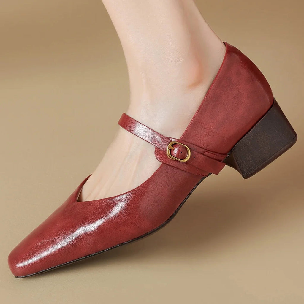 Genuine Leather Square Toe Slipon Mary Jane Pumps 4cm Thick Low Heel Daily Dress Heeled Shoes for Woman