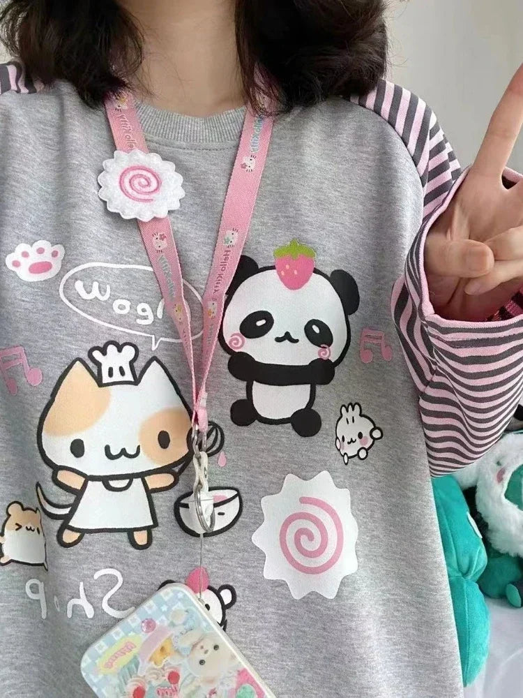 Harajuku Stripe T Shirt E-girl Kawaii Chinese Panda Graphic T-shirts Cutecore Cartoon Raglan Sleeve Clothes Autumn