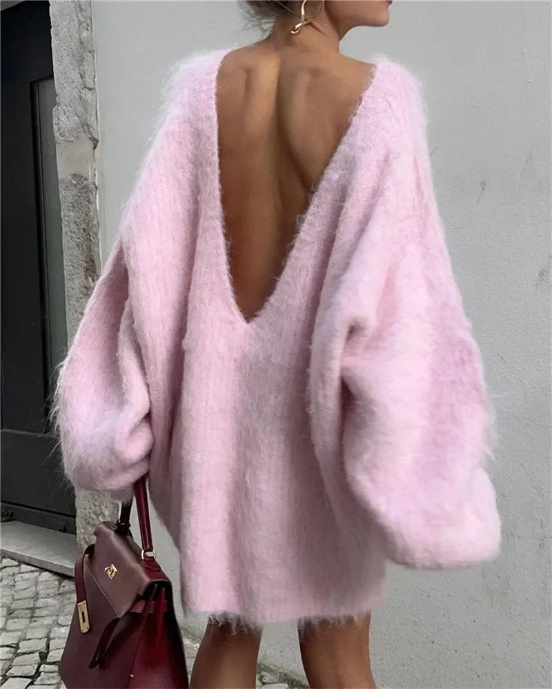 Trendix Loose Backless Knit Pullover for Off Shoulder Long Sleeve Sweater Femme Knitwear Cover-up