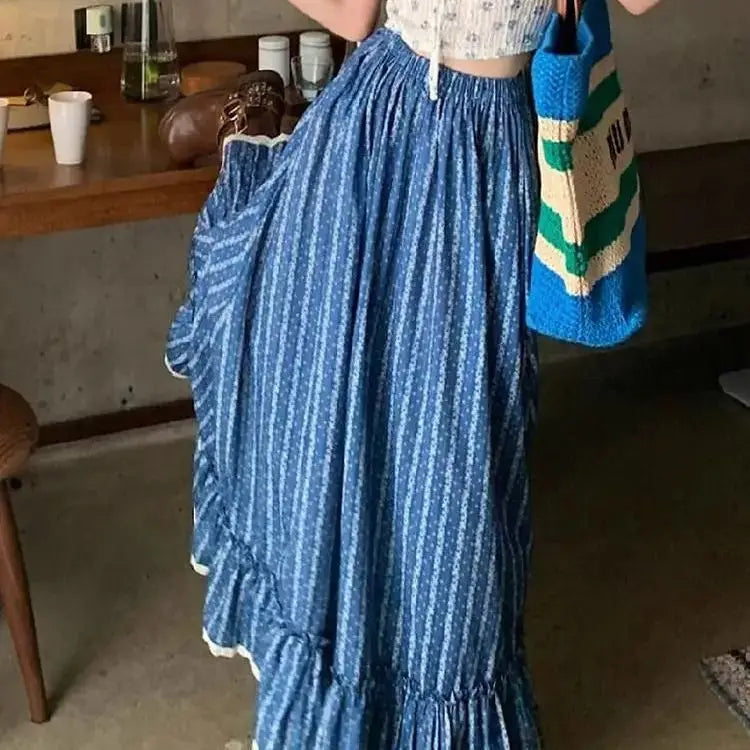 Retro Skirt Blue White Striped Autumn New Style Niche Temperament High Waist Slimming Seaside Atmosphere Skirt