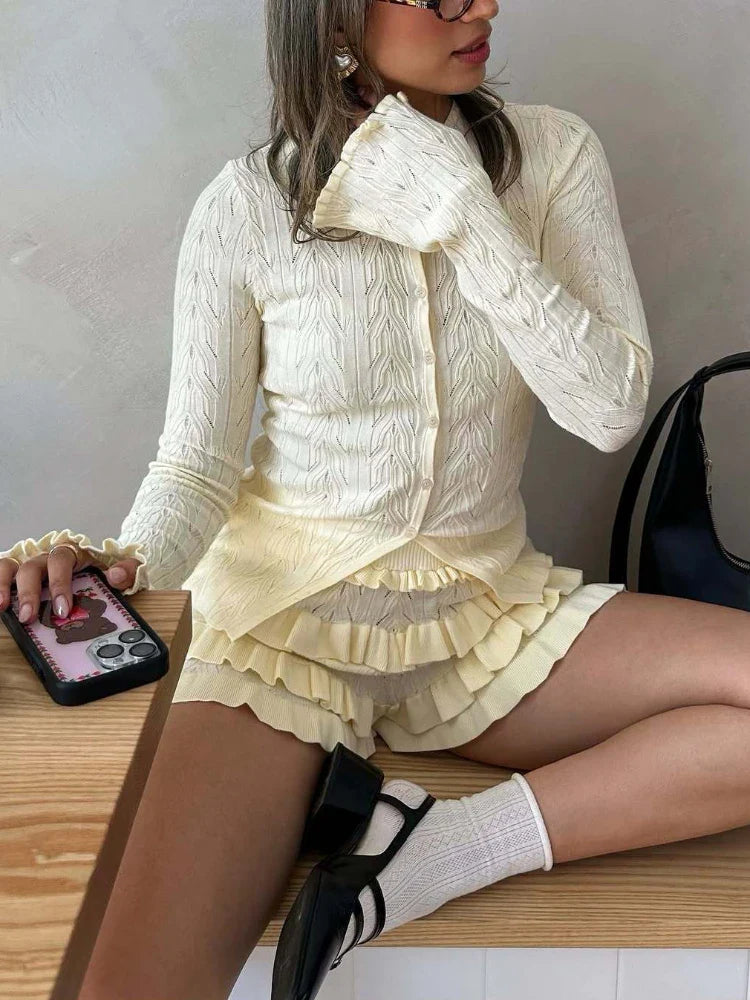 White Ruffles Knit Short Two Piece Sets Spring Summer Long Sleeve Cardigan Short Sets Y2k Holidays Matching Sets