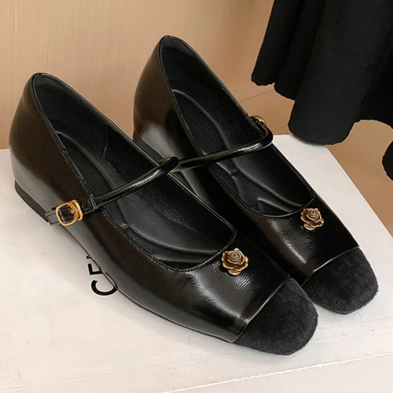 Simple Flower Mary Jane Shoes Spring New Round Head One Strap Metal Buckle Office Square Heel Flat Shoes