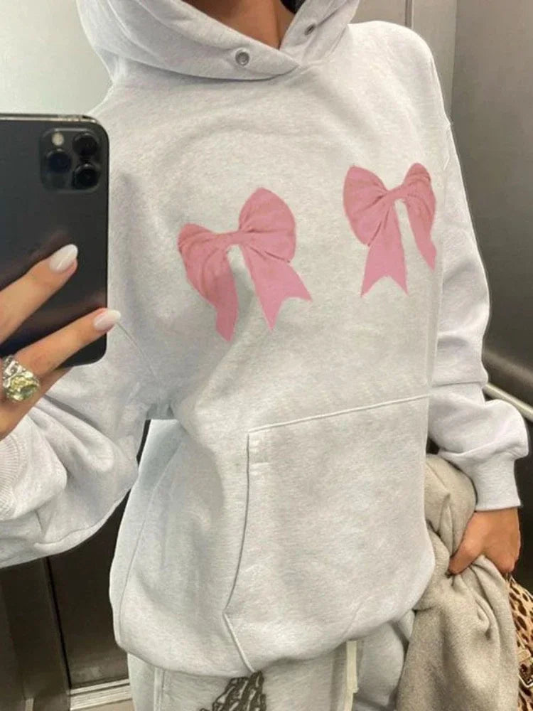 Kawaii Bow Print Hoodies Y2k Long Sleeve Sweatshirt Oversized Sweet Girl Causal Loose Autumn Winter Clothes Ins