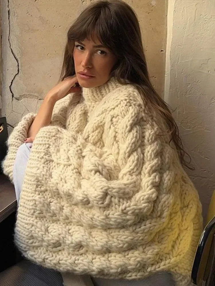 Loose Knitted Sweater High Neck Wide Long Sleeve Female Knitwear Tops Autumn Winter Oversized Lady Pullover