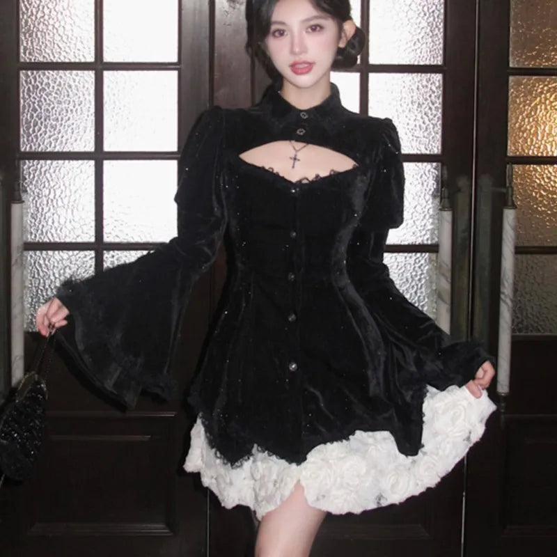 Y2k Gothic Black Mini Dresses Flare Sleeve O-neck Hollow Out Ruffles Patchwork A-line Korean Party Dress Autumn New