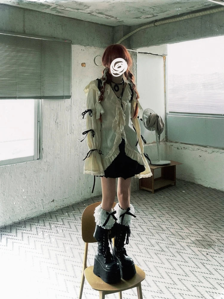Y2k Aesthetic Lace Shirt Egirl Ruffle Irregular Goth Embroidery Blouses With Bow Fairycore Grunge Lolita Style Clothes