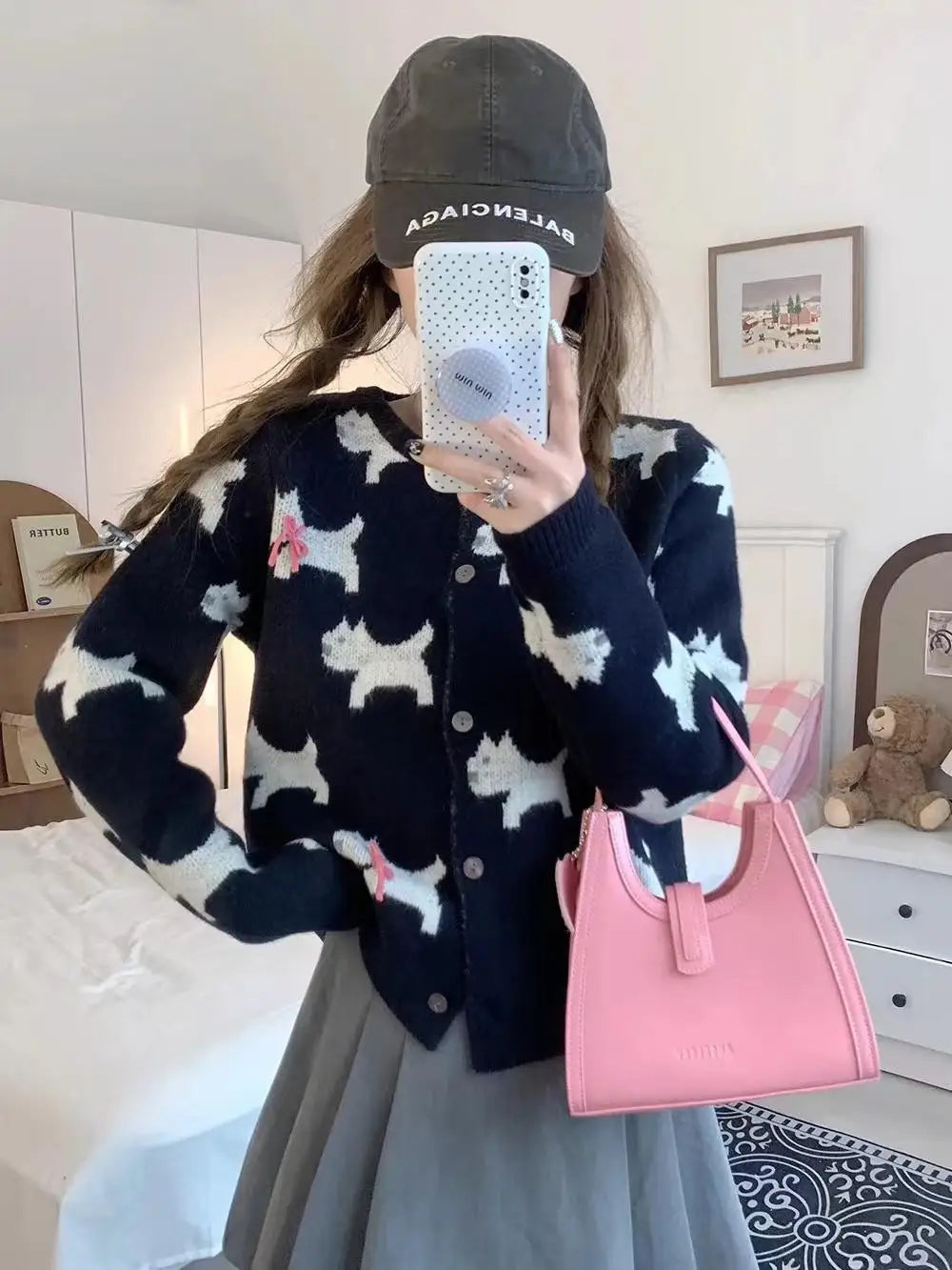 Korean Sweet Blue Gray Print Bow Button Sweater Round Neck Cardigans Long Sleeve Knitwear Tops Autumn Winter Clothing