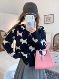 Korean Sweet Blue Gray Print Bow Button Sweater Round Neck Cardigans Long Sleeve Knitwear Tops Autumn Winter Clothing