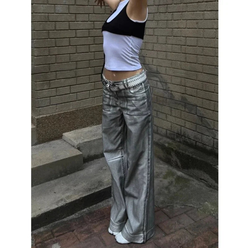 Bleached Distressed Jeans Spring New High Waist Multibutton Loose Denim Wide Leg Pants