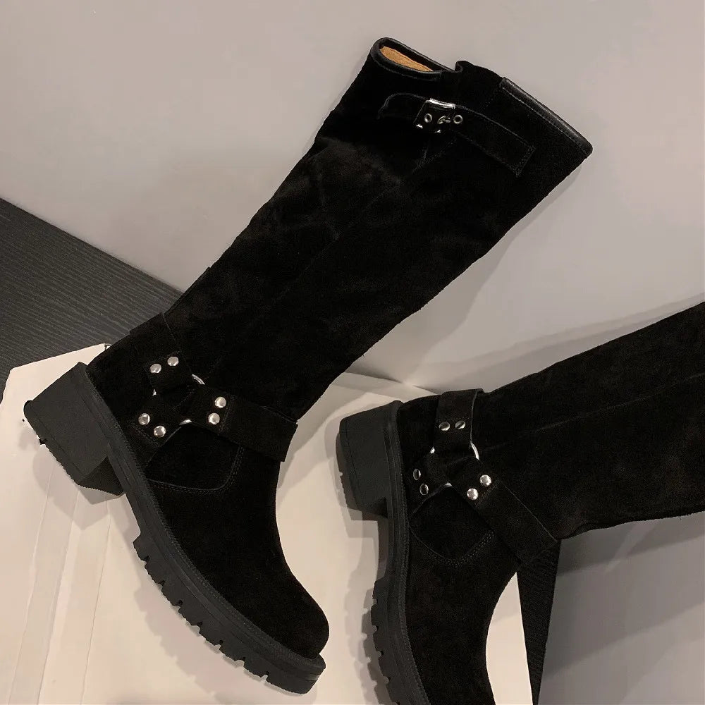 Natural Suede Leather Slipon Autumn Knee High Boots Thick Sole Platform Flats Winter Long Boots Metal Buckle Punk Shoes