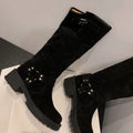 Natural Suede Leather Slipon Autumn Knee High Boots Thick Sole Platform Flats Winter Long Boots Metal Buckle Punk Shoes