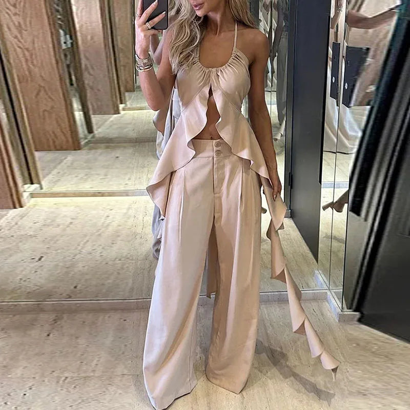 High Street Outfits New Hollow Design Backless Slim Suits Halter Ruffled Top With Long Pants 2 Piece Sets