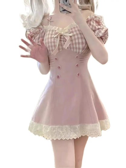 Princess Dress Pink Plaid Bow Onepiece Collar Lace Ruffle Party Mini Dresses Female Japanese Style Sweet Slim Dress