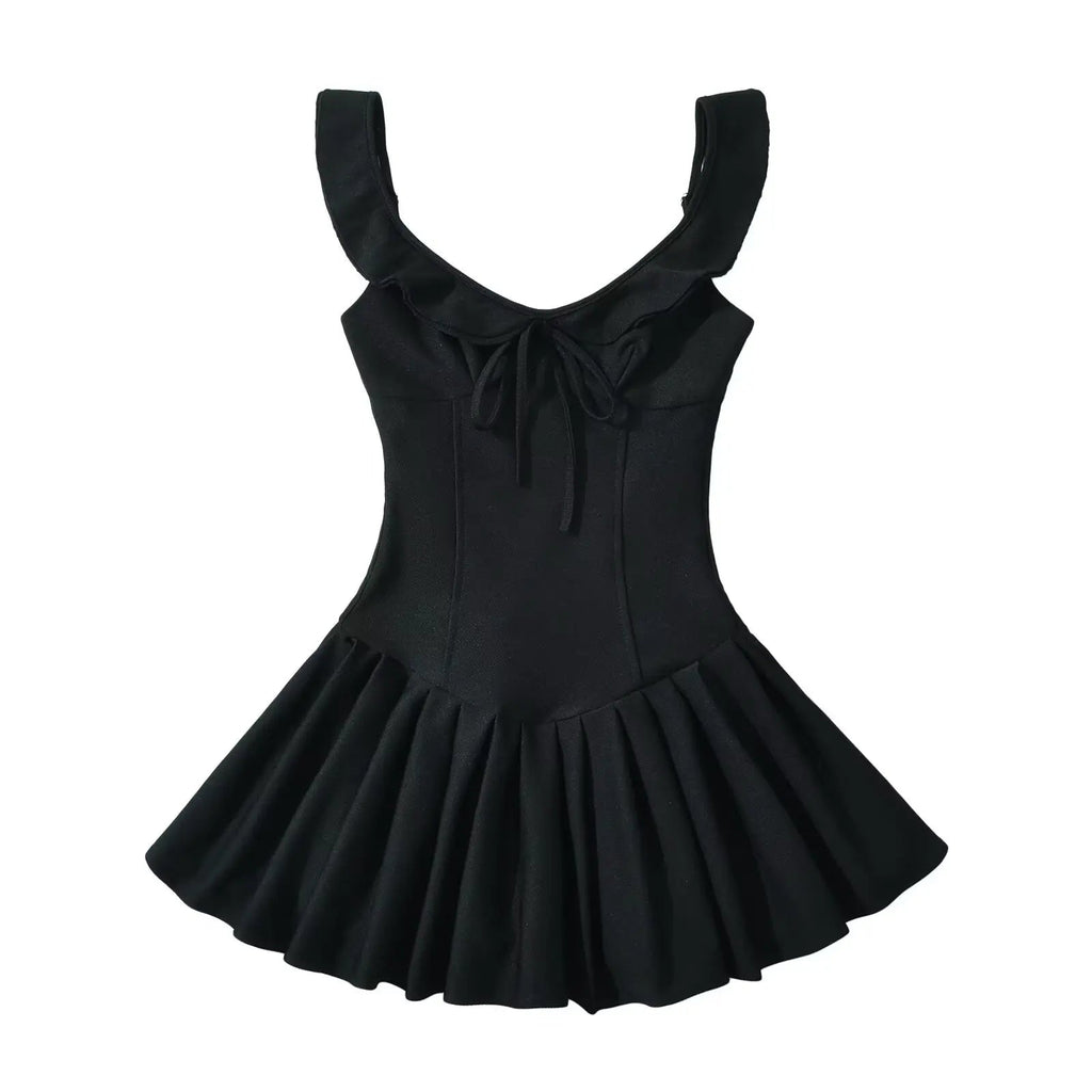 Summer Clothes Mini Dress Ruffle Dress Vacation Dresses Pleated Slim Waist Bow Tie