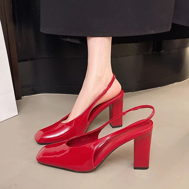 Patent Leather High Heels Square Toe Openheeled Dress Shoes Party Dress Shoes Large Size