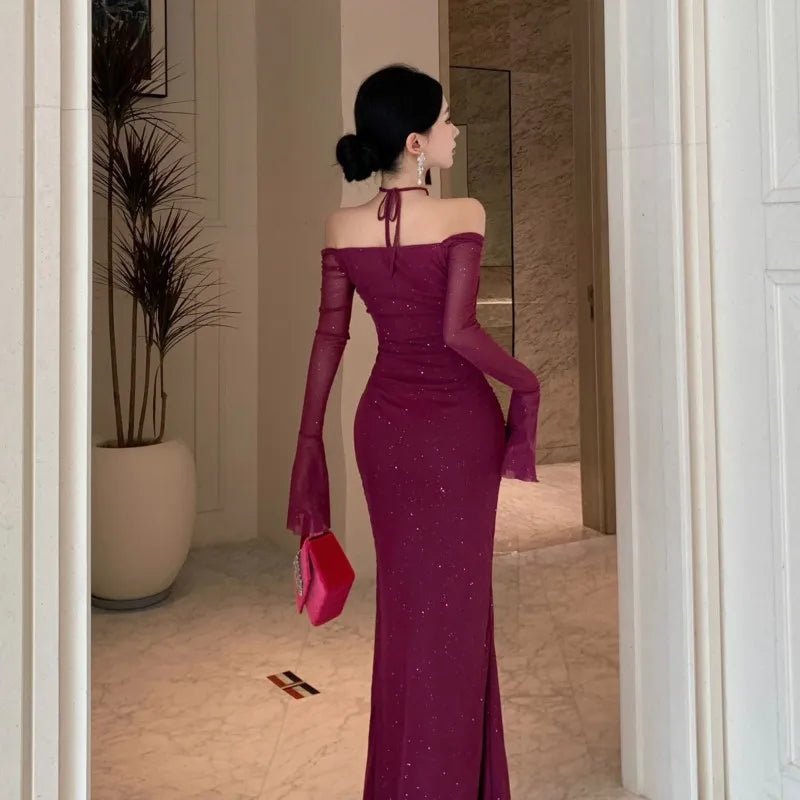 Mesh Bodycon Maxi Dresses for Flare Sleeve Square Collar Slim Mermaid Evening Party Dress Prom Robe Vestidos New