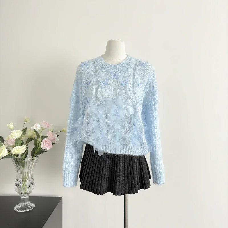 Sweet Hot Girl Butterfly Flower Sweater Autumn/winter Oneck Loose Longsleeved Knitted Sweater Female Clothes