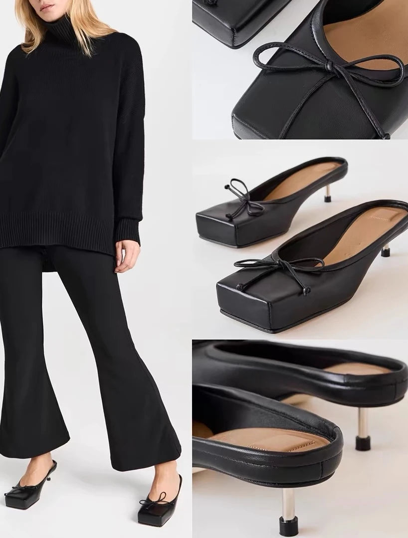 Brand Designer Mule Pumps Slippers Bow Square Toe Party Dress Shoes Red High Heels Sandals